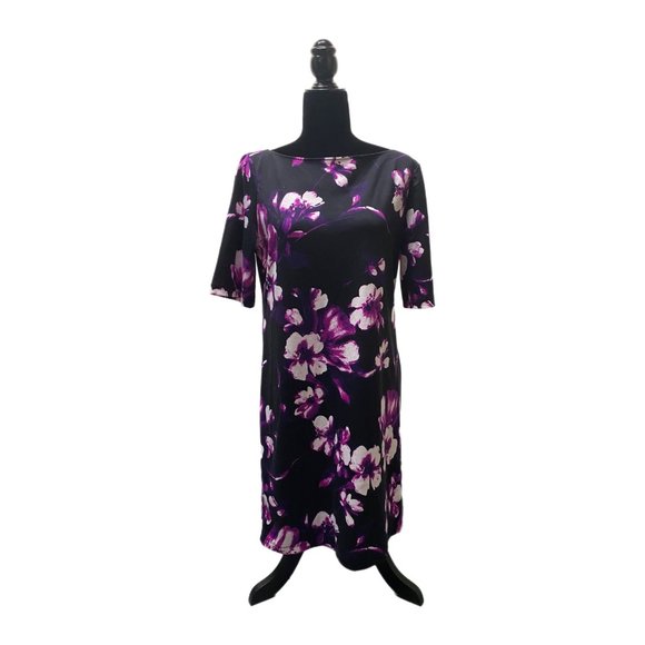 Metaphor Black Sheath Dress with Purple Flowers, Size 14, Pre-Owned - Picture 1 of 7